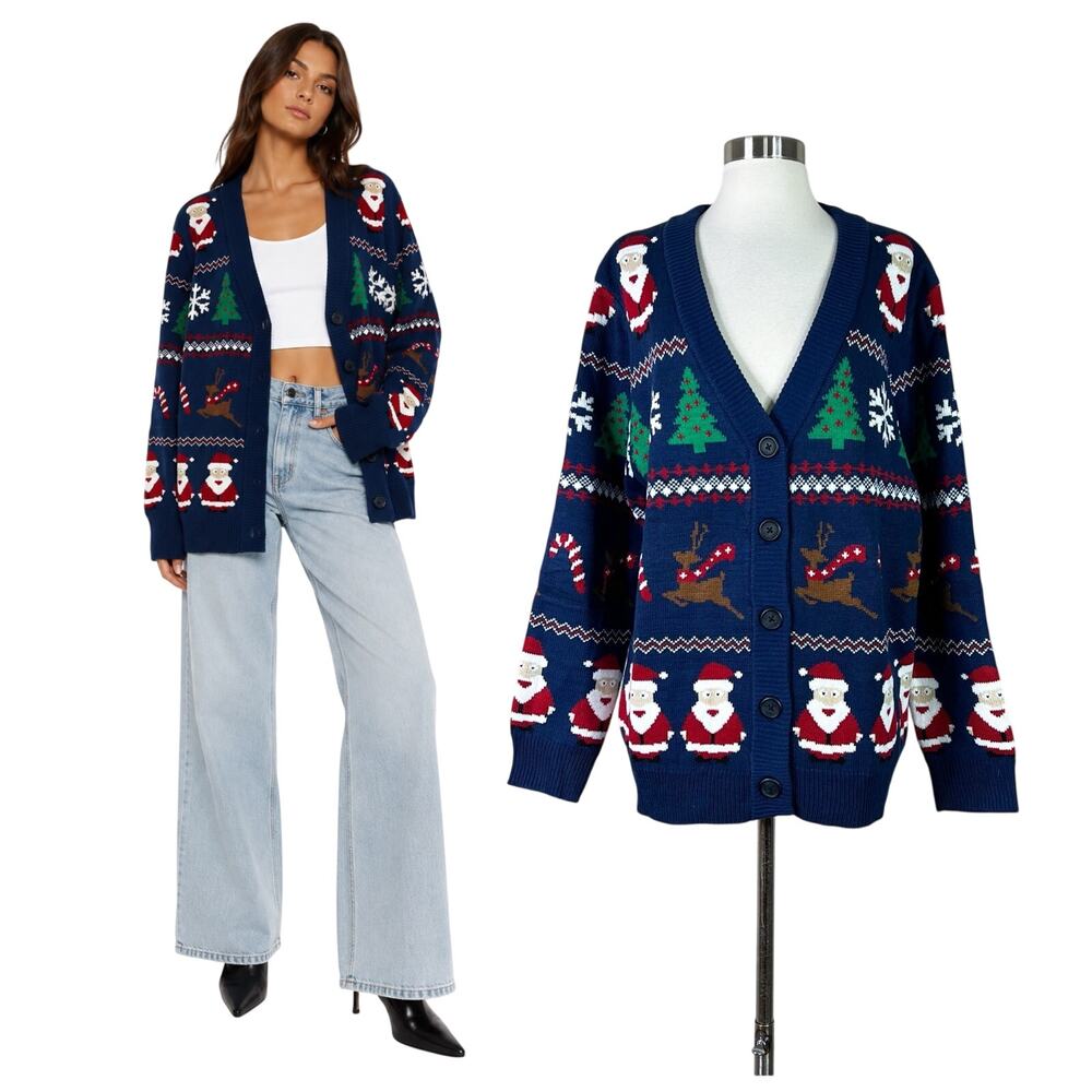 Nap Lounge | Christmas Santa Reindeer Snowflake Ugly Holiday Sweater Cardigan L
